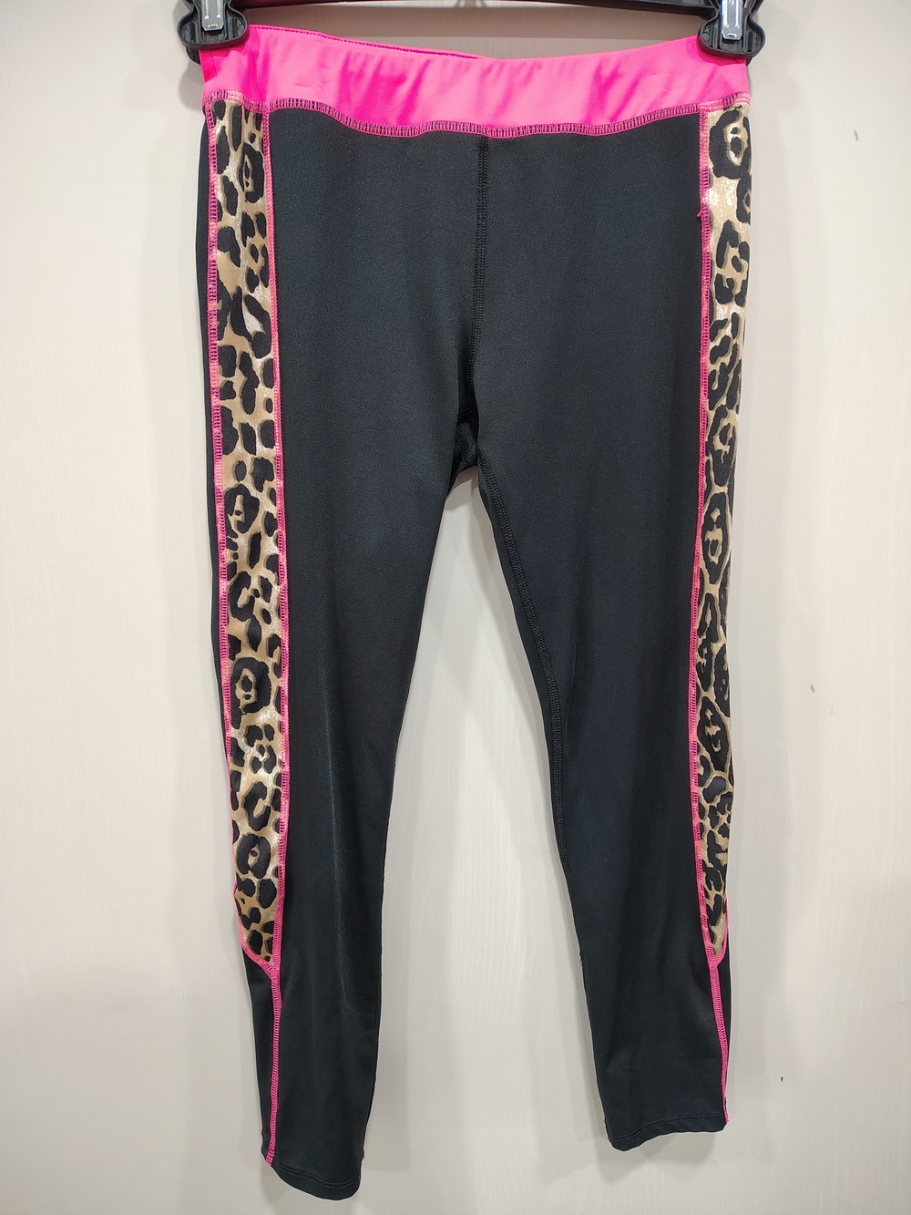 Hard Candy Black Leggings with Pink Waistband and Leopard Side Panels